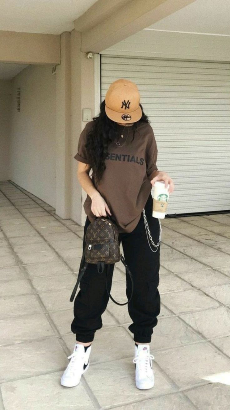 Brown Essentials Tee and Black Cargo Pants